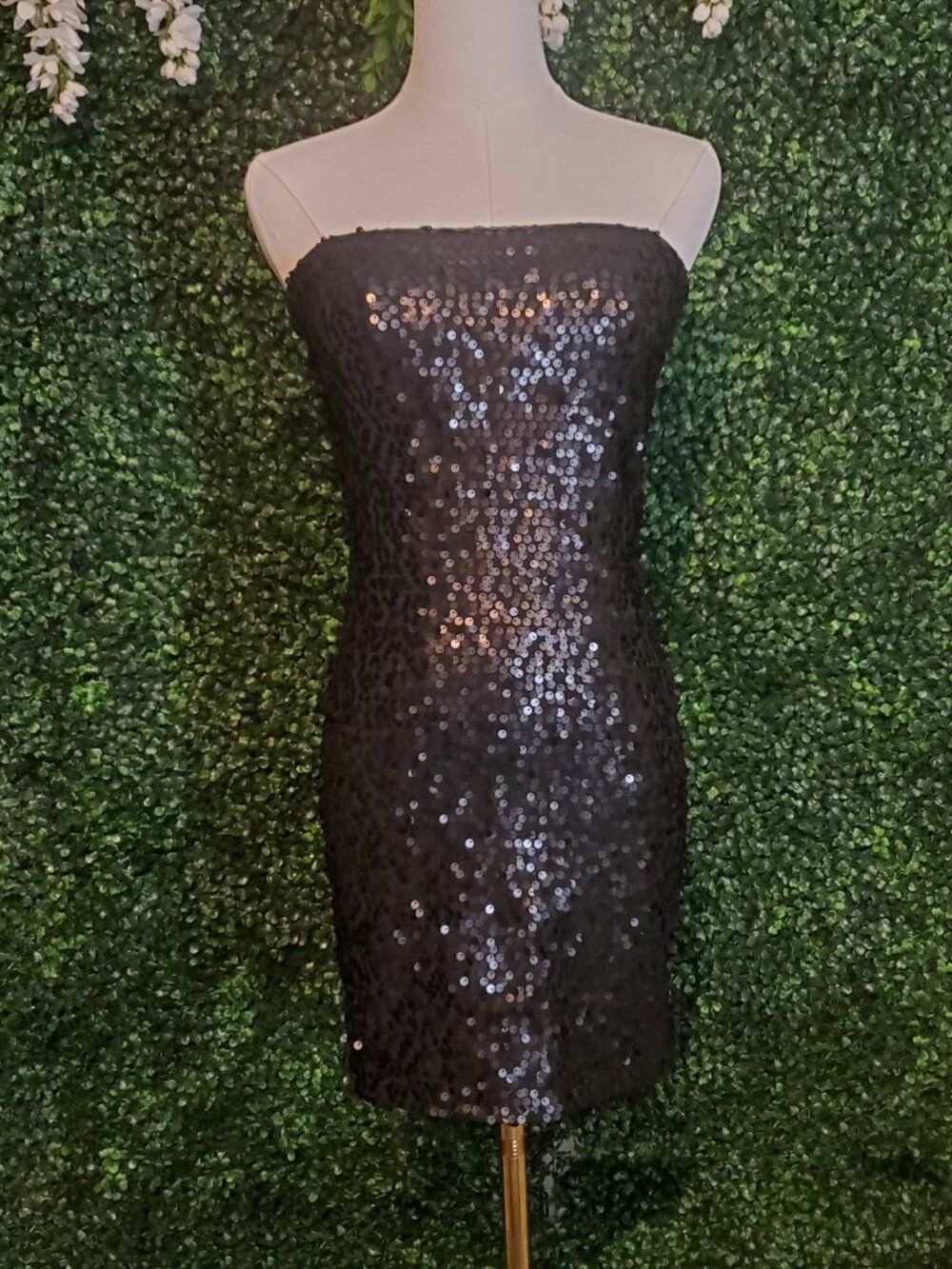 Forever 21 Black Sequin Strapless Tube Mini Dress Bodycon Party NYE Size S